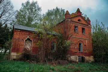 Old abandoned red brick mansion. Former Bikovo manor, Lipetsk region
