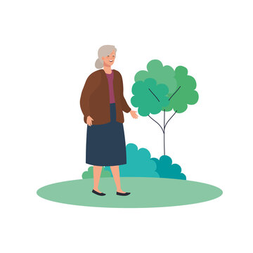Grandmother at park with tree design, Old woman female person mother grandparents family senior and people theme Vector illustration