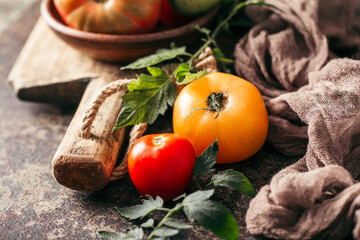 Fresh, ripe multi colored tomatoes on a dark background. Organic food.