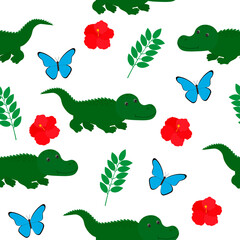 Fototapeta premium Seamless pattern Crocodile tropical leaves and flowers butterfly vector illustration