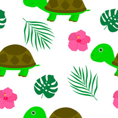 Seamless pattern turtle tropical leaves and flowers vector illustration