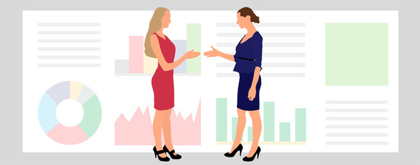 Handshake of two businesswomen on background of infographics. Presentation, agreement, cooperation. Vector illustration.