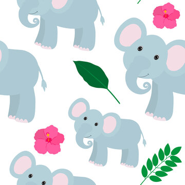 Seamless pattern cute elephant tropical leaves and flowers vector illustration