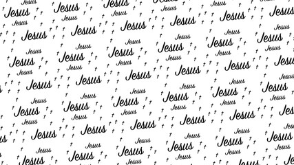 Background pattern with the word "jesus" and small crosses in black and white