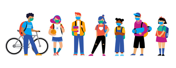 Back to school background, diversity concept for children - schoolboys and schoolgirls of different ethnicities standing together