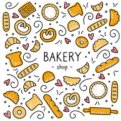 Hand drawn set of bakery and baking elements, bread, pastry, croissant, cake, donut. Doodle sketch style. Bakery element drawn by digital pen. Vector illustration for menu, frame, recipe design.