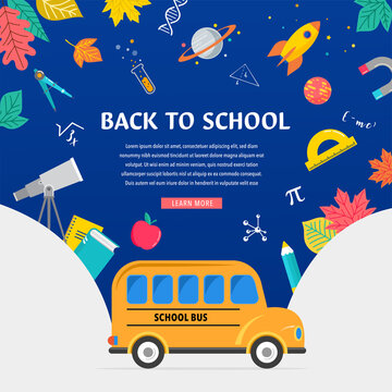 School bus, back to school concept illustration with icons of supplies and books. Vector background design