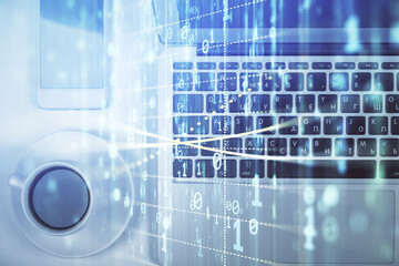 Multi exposure of data theme drawing hologram over topview work desk background with computer. Concept of technology.