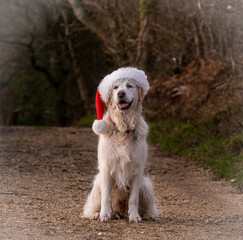 Dog wearing Christmas Santa hat
