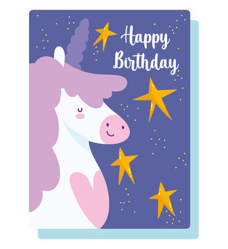happy birthday, cute unicorn stars cartoon celebration decoration card