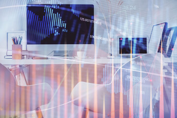 Double exposure of stock market graph drawing and office interior background. Concept of financial analysis.