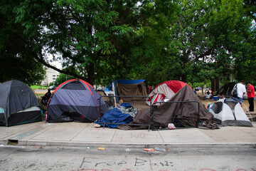 Denver, CO USA. War Memorial Park. July 5, 2020. Denver creates campsite for the homeless. - obrazy, fototapety, plakaty