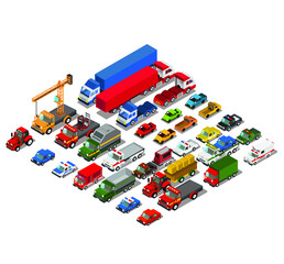 Set of urban public and freight transport cars isometric view front, back