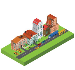 Isometric house with with city traffic