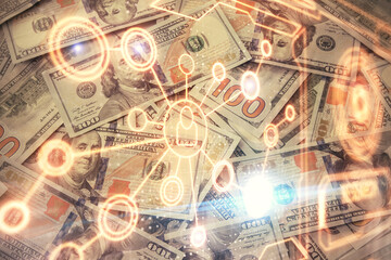 Multi exposure of social network drawing over us dollars bill background. Concept of people connection.