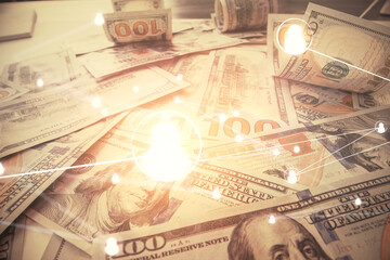 Multi exposure of social network drawing over us dollars bill background. Concept of people connection.