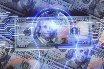Double exposure of brain drawing over us dollars bill background. Technology concept.