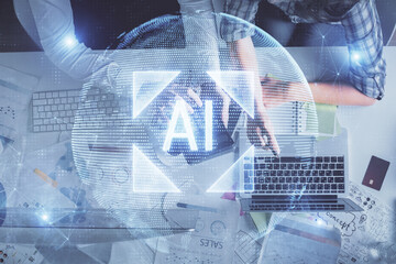 Double exposure of man and woman working together and data theme hologram drawing. Computer background. Top View.