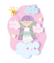 little fairy princess with wand and clouds tale cartoon