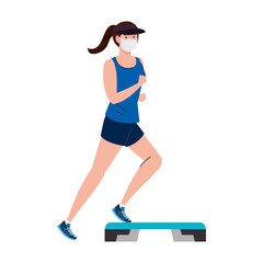woman with mask and sportswear jumping at step design of medical care and covid 19 virus theme Vector illustration