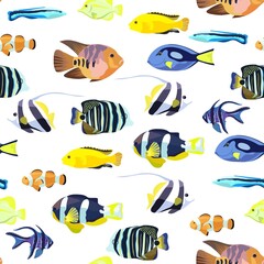 Fototapeta na wymiar Cute seamless pattern with bright tropical coral fishes.