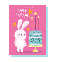 happy birthday, cute bunny with cake and candles cartoon celebration decoration card