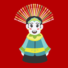 Ondel - ondel, giant puppet. Mascot of Jakarta - Betawi.  The traditional puppets origin Jakarta Indonesia. An icon of the city of Jakarta. A flat illustration vector with red background. Happy smile 