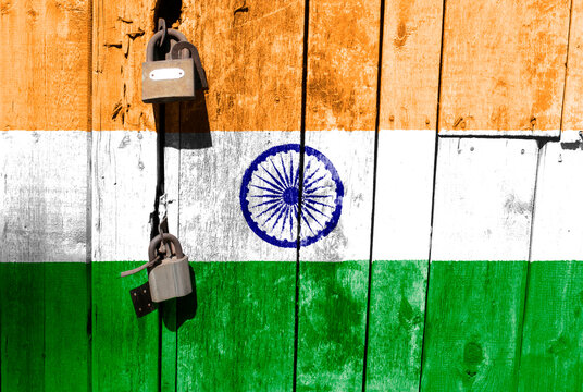 Flag of india is in texture. Template. Coronavirus pandemic. Countries are closed. Locks.