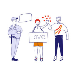 A policeman writes a fine to a couple of gays. A policeman congratulates a couple of men in love. Concept art love card. illustration in cartoon style.