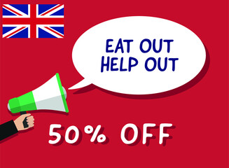 EAT OUT HELP OUT 50% off megaphone vector; The Eat Out to Help Out scheme will start from August 3. Restaurants, bars and cafes can sign up to the initiative.