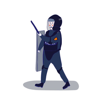 Uniformed police officer standing with a shield and a baton on a white background in cartoon style. illustration with a blue line.