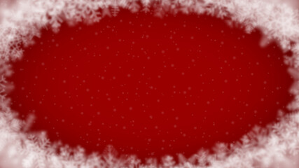 Christmas background of snowflakes of different shape, blur and transparency, arranged in a ellipse, on red background