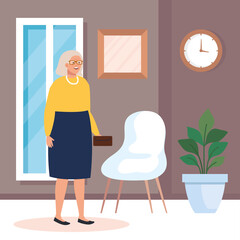 Grandmother in home room design, Old woman female person mother grandparents family senior and people theme Vector illustration