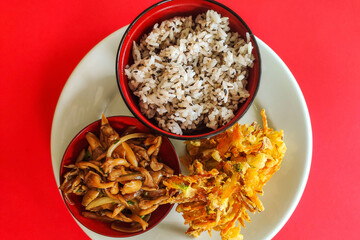 tempura japanese rice and mushrooms vegan dish