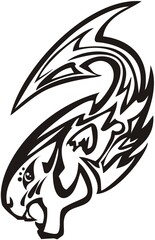 Lion head in the fish form. Vertical image of a lion's head with an arrow in tribal style for tattoos, textiles, prints, labels, etc. Black and White