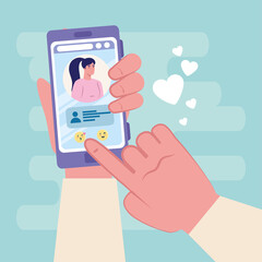Hand holding smartphone chatting with woman design, Message chat and communication theme Vector illustration