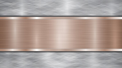 Background consisting of a silver shiny metallic surface and one horizontal polished bronze plate located centrally, with a metal texture, glares and burnished edges
