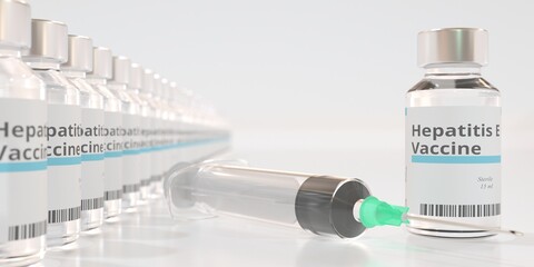 Medical bottles with hepatitis E vaccine and syringe, 3D rendering