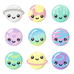 Cute kawaii planets pastel colorful set isolated