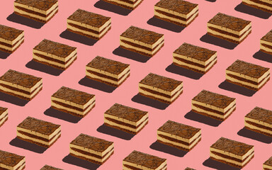 Trendy seamless food pattern - layered sponge cakes on a pastel background, minimal food isometric concept texture.
