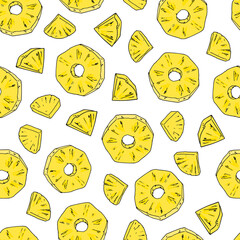 Hand drawn sketch style pineapple rings and slices seamless pattern. Colorful background. Vector pattern for packaging, textile, print, wrapper.