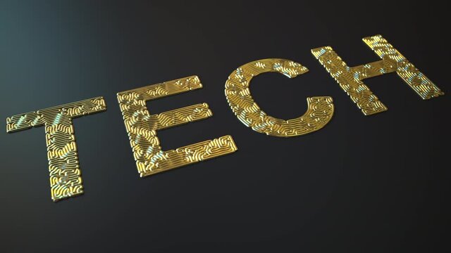 Gold bending wires form TECH word, 3d animation