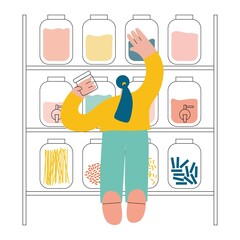 A girl choosing food in a package free zero waste shop flat vector illustration