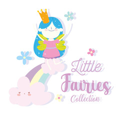 little fairy princess with crown flower and rainbow tale cartoon