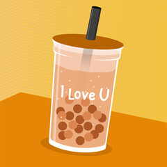 An illustration of chocolate boba drink with text. Sweet taste with romantic quote. Simple flat illustration style vector. expressing feelings of love with a cup of boba. But this drink is high sugar.