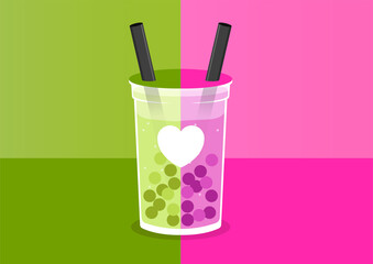 An illustration of love romantic cute boba. Two colors boba, pink and green. Sweet taste with colorful background. Strawberry and matcha taste. Flat illustration style vector. Nice for card greeting.