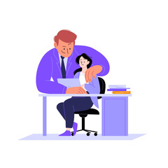 Harassment at work. A boss touching his female employee at the office. Inappropriate colleague behaviour