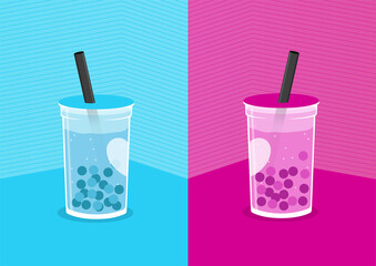 An illustration of two glass romantic boba. Blue and pink background with love. Romantic drinks for your lover. Very sweet taste and sweet memories. But boba drink is high calories and sugar. Romantic