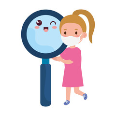 cute girl wearing medical mask to prevent coronavirus covid 19 with cute magnifying glass vector illustration design