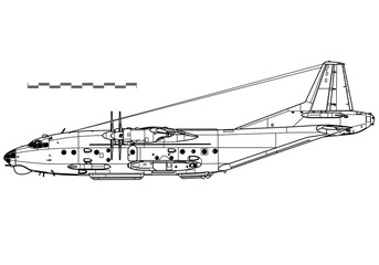 Antonov An-12BK-PPS. Vector drawing of electronic warfare aircraft. Side view. Image for illustration and infographics.